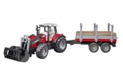 Bruder 2046 Massey Ferguson 7480 Tractor Met Voorlader En Houttransport Trailer
